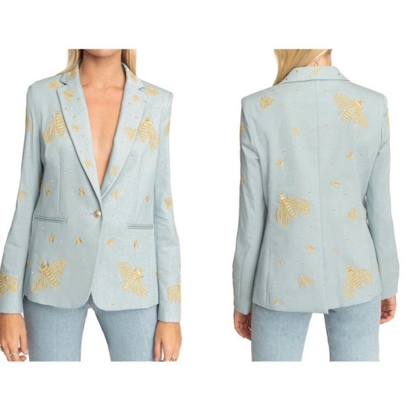 Valentina Shah Gaia Bee Embroidered Blazer Blue Gold NWOT - Picture 4 of 9